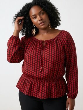 Ellen Tracy Red Polka Dot Peplum Blouse